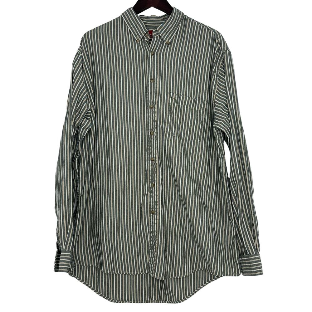 Arrow Vintage 90s Button Up Shirt Mens Large Tall Gray Tan Stripes Grandpa Y2K